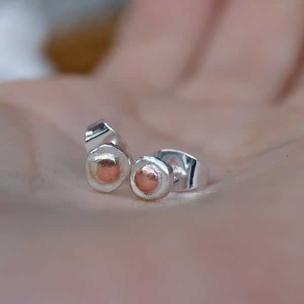 Tiny Stud Earrings, Silver And Copper Studs, Mixed Metal Jewellery
