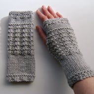 Fingerless Gloves Mittens Wrist Warmers in Grey Aran Wool