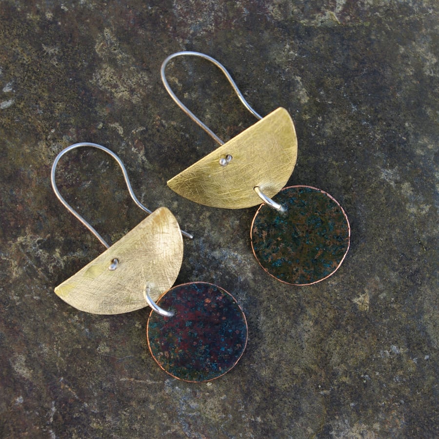 Brass Half Moon with Verdigris Circle  Dangle Earrings