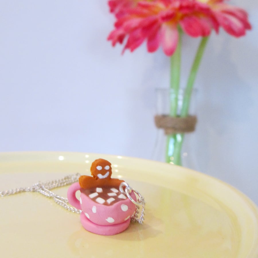 Retro hot chocolate cup with gingerbread man necklace Quirky, unique, fun