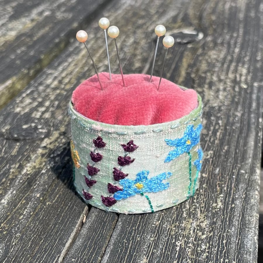 Hand made embroidered pin cushion- ‘Summer Border’