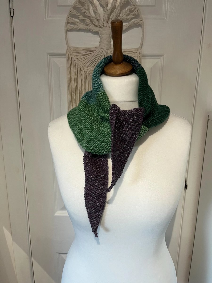 Triangle Scarf Neckerchief Green, Purple Autumn tones coloured 110cms long 