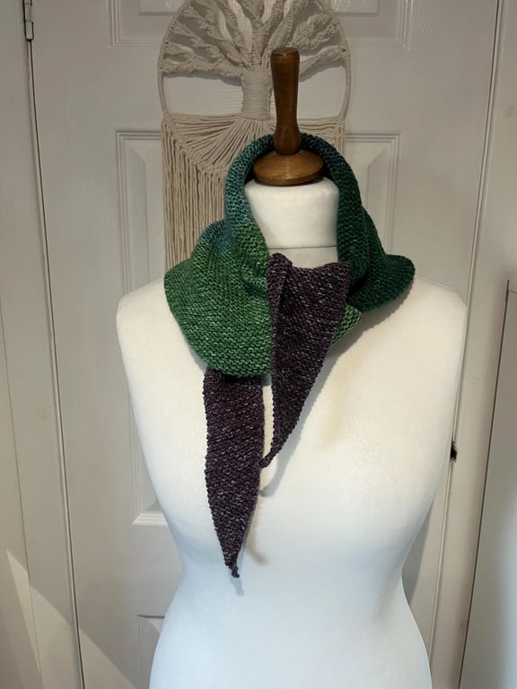 Triangle Scarf Neckerchief Green, Purple Acrylic yarn handknitted 110cms long 