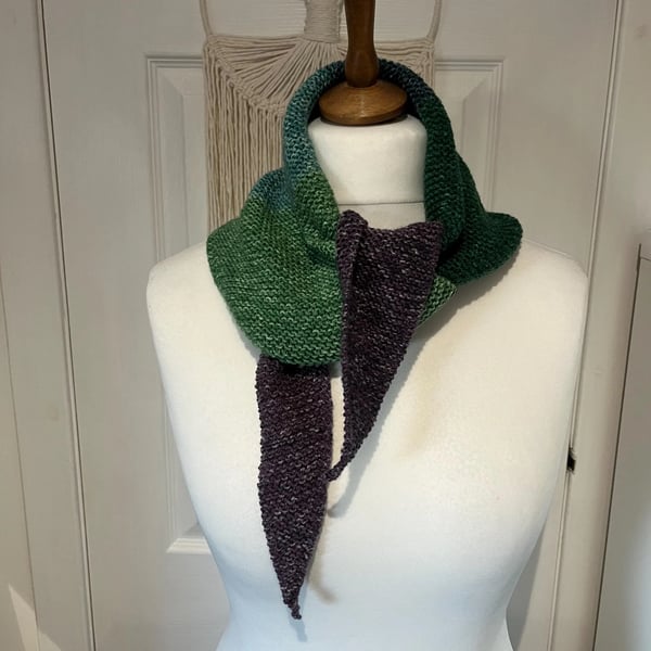 Triangle Scarf Neckerchief Green, Purple Autumn tones coloured 110cms long 