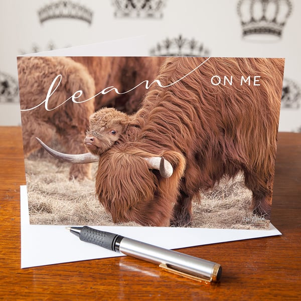 Scottish Highland Cow and Calf Quoted 'Lean on Me' Greetings Card - Blank Inside