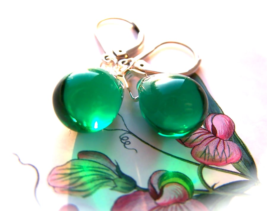 Green teardrop earrings, forest green beads with silver leverback hooks