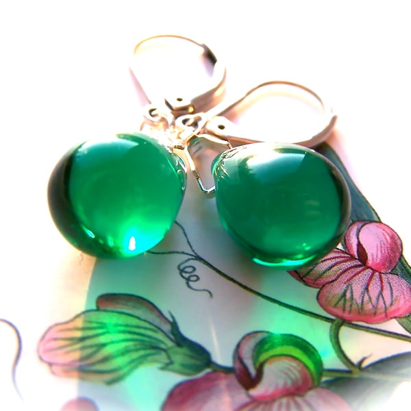 Green teardrop earrings, forest green beads with silver leverback hooks