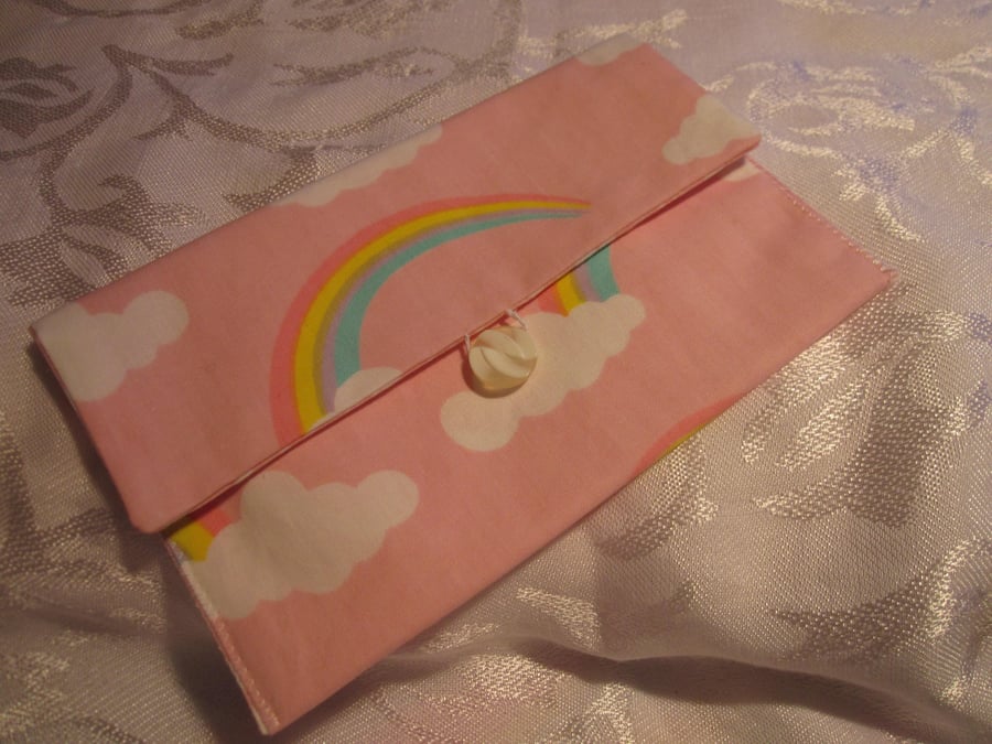  Cotton Wallet, rainbow on pink with white clouds