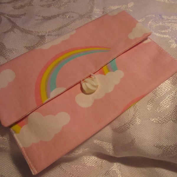  Cotton Wallet, rainbow on pink with white clouds