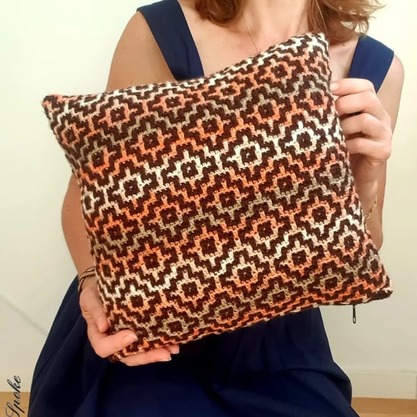 Hand crafted pillowcase, Crochet cushion cover, Geometrical style mosaic pillow