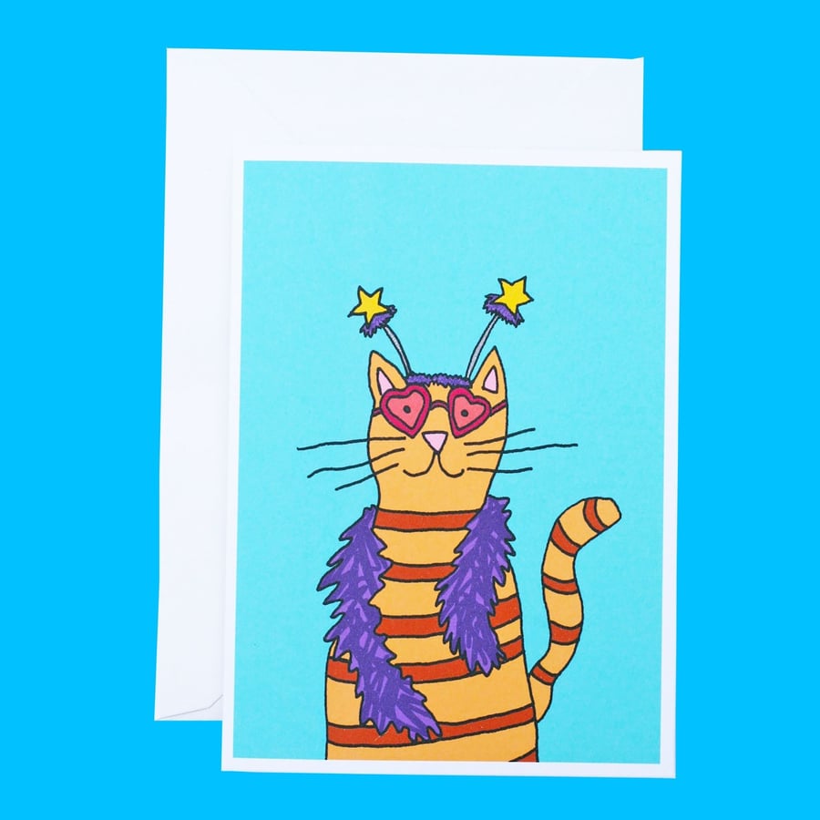 Feather Boa Party Cat Illustration A6 Greetings Card