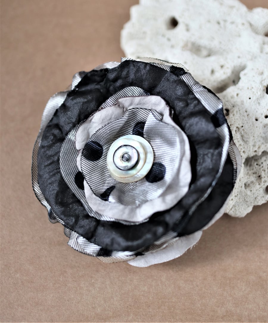 Up-cycled charcoal grey and polka dots pattern textile design brooch