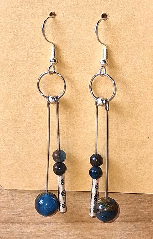 Blue Agate & Silver Long Drop Earrings - Natural Stone Boho Jewellery - Gift