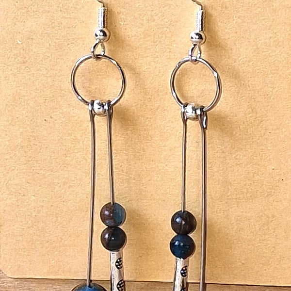 Blue Agate & Silver Long Drop Earrings - Natural Stone Boho Jewellery - Gift