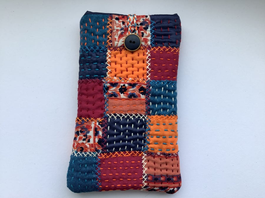 Glasses or small mobile phone case padded quilted blue orange cream