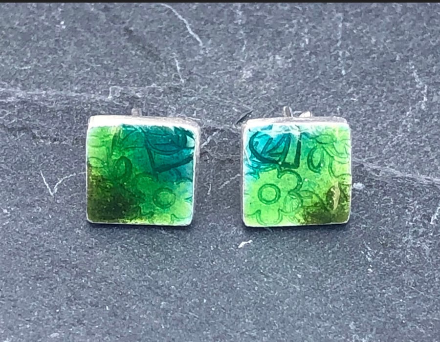 Enamel Studs, green enamel studs, square green studs, flower studs, nature, 