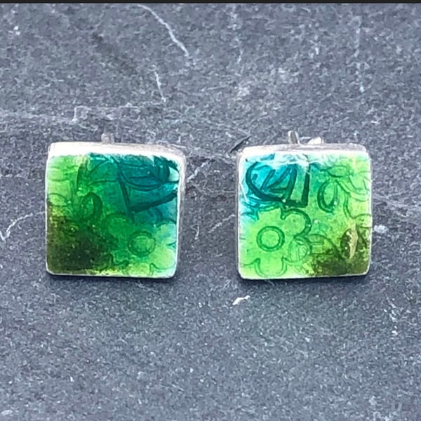 Enamel Studs, green enamel studs, square green studs, flower studs, leaf studs, 