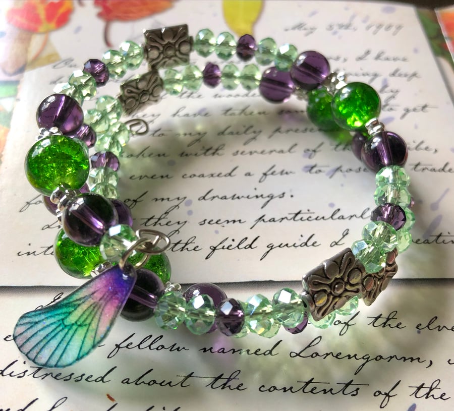 Amethyst and Green Beaded Fairy Wing Bracelet