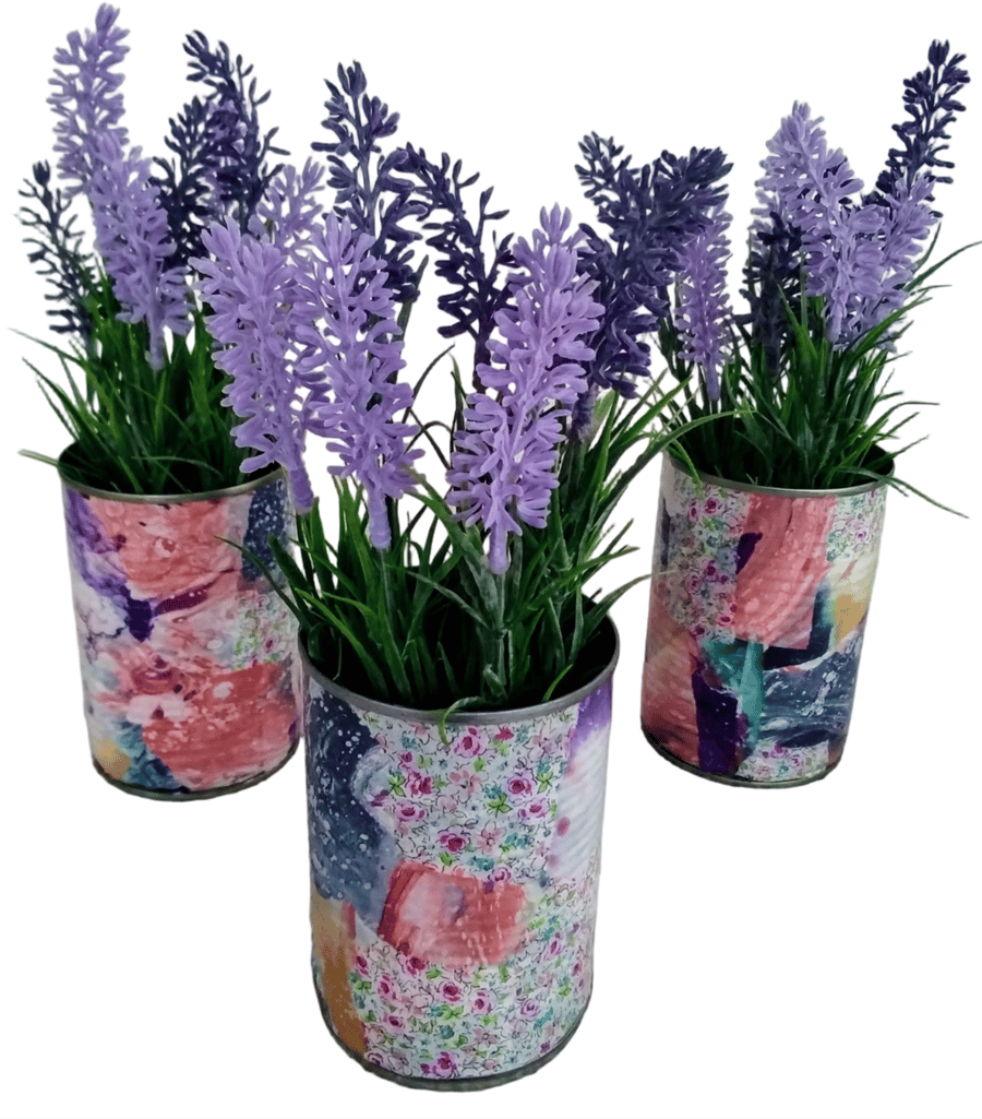 Handcrafted Decoupaged Tin Can with Artificial Lavender – Unique Home Decor