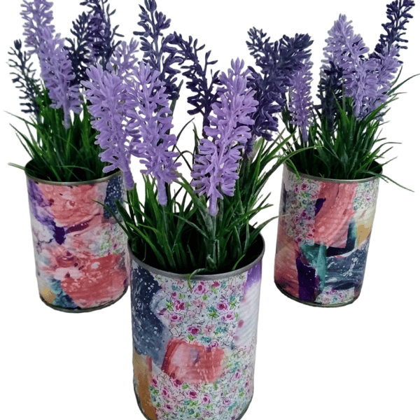 Handcrafted Decoupaged Tin Can with Artificial Lavender – Unique Home Decor