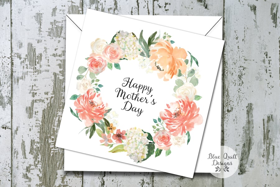 Mother's Day Card - Watercolour Peach and Cream Wreath