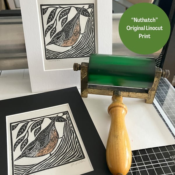 Linocut Print - "Nuthatch" - Bird Print - Nature Print