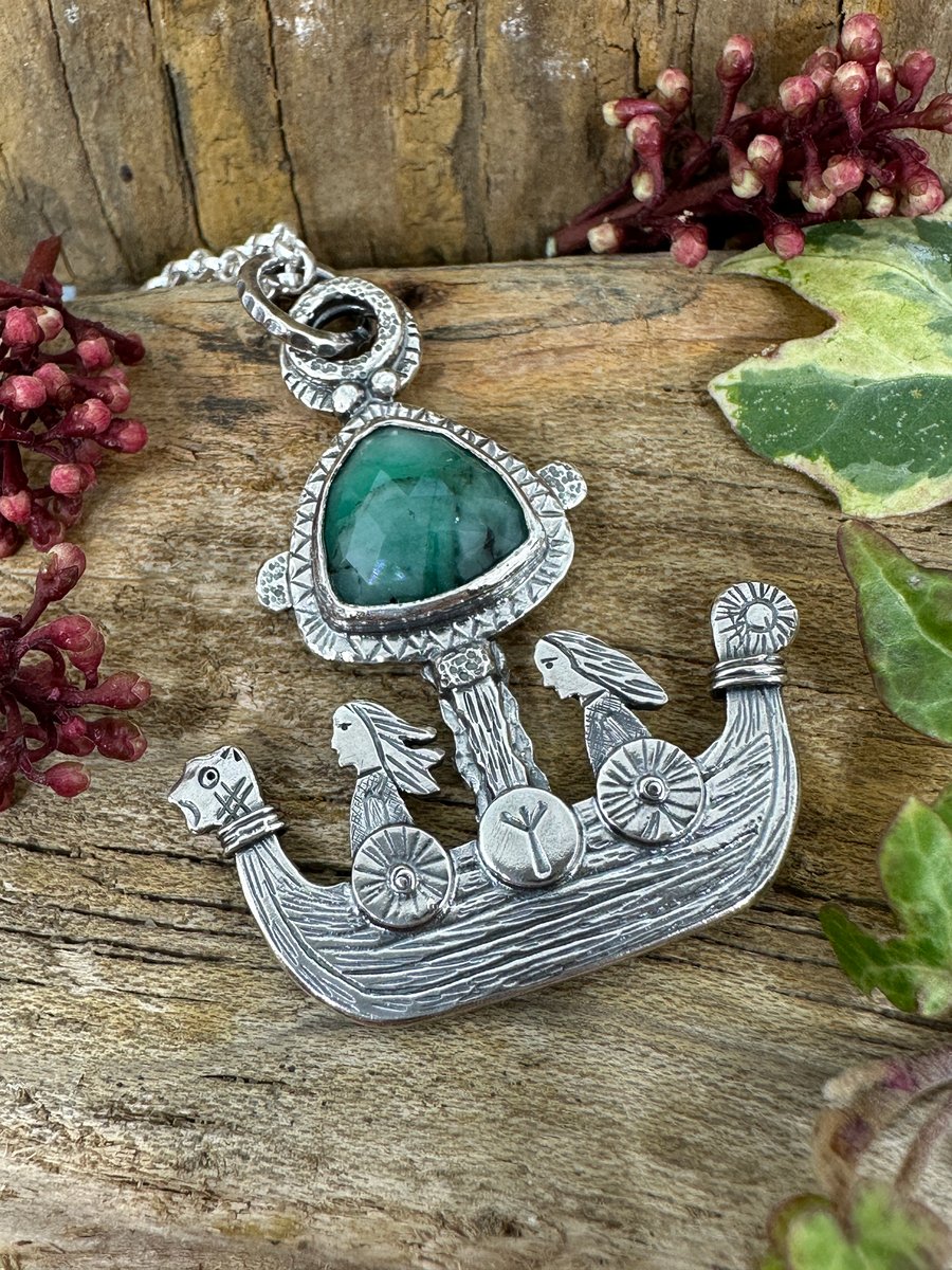 New Horizons Viking Ship Pendant with Emerald Cabochon