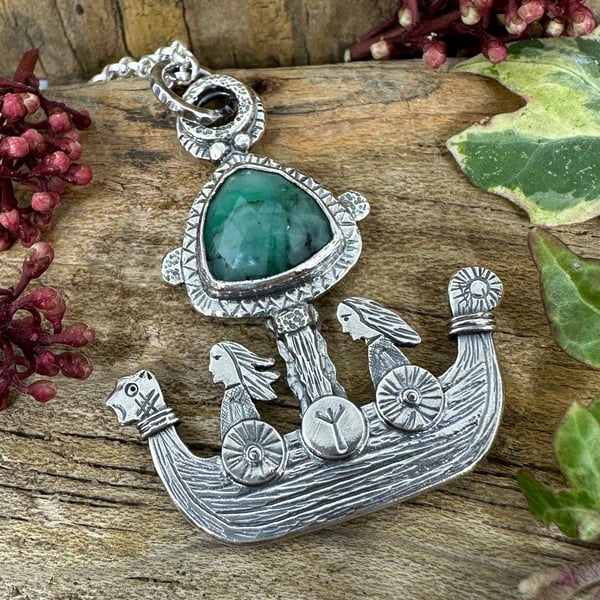 New Horizons Viking Ship Pendant with Emerald Cabochon
