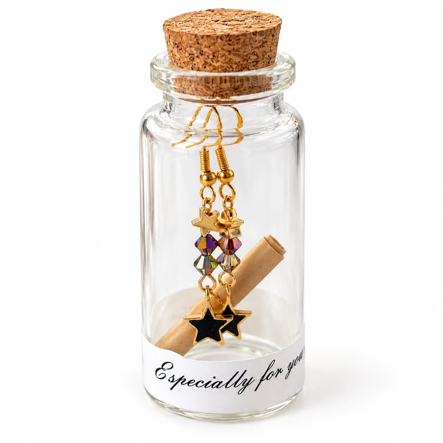 Handmade Black Star Earrings in a Bottle with Preciosa Crystals