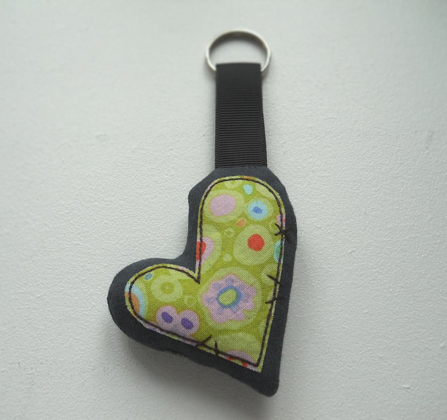 applique embroidered heart keyring key fob hanging decoration LIME GREEN