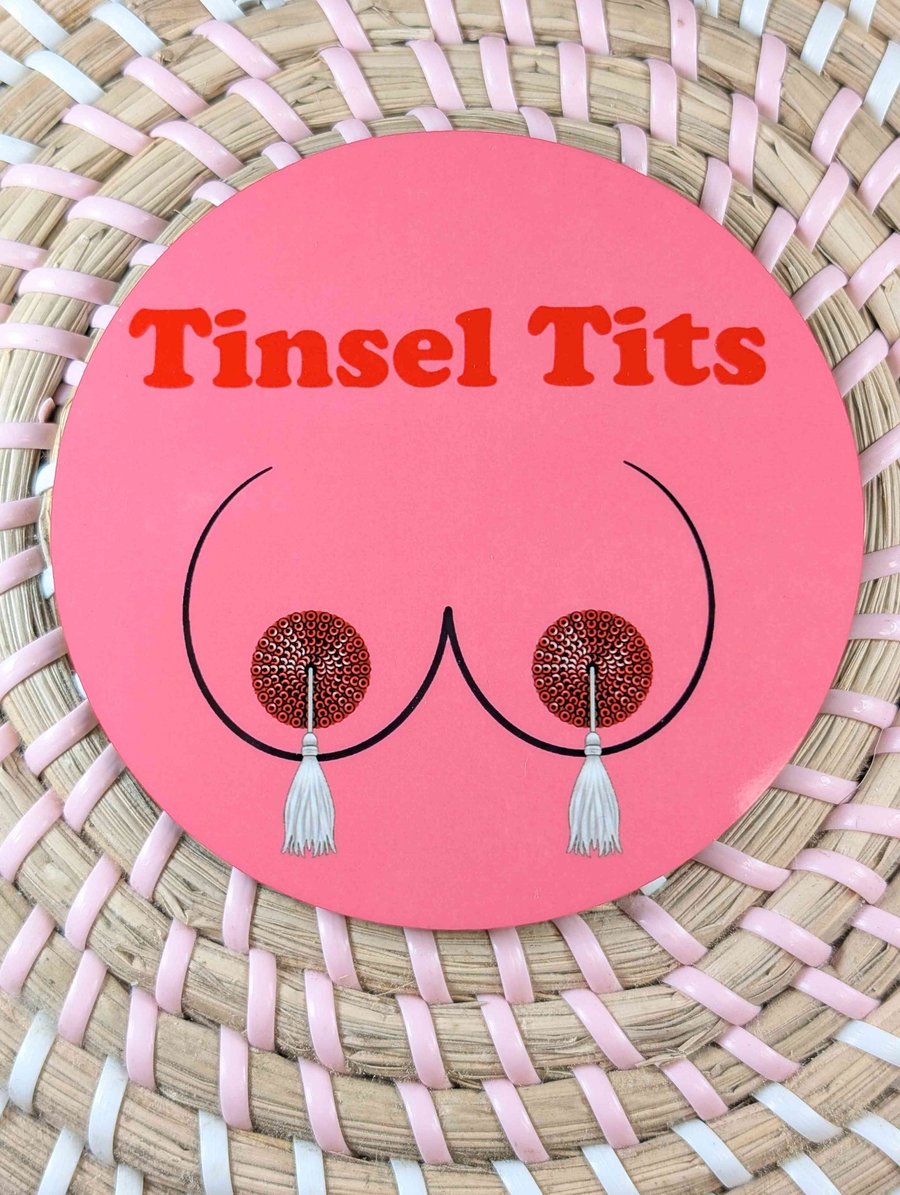 Funny Tinsel Tits Coaster – Novelty Pink Coaster – Christmas Gift for Her