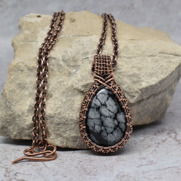 Snowflake Obsidian and Copper Wire Wrapped and Woven Necklace