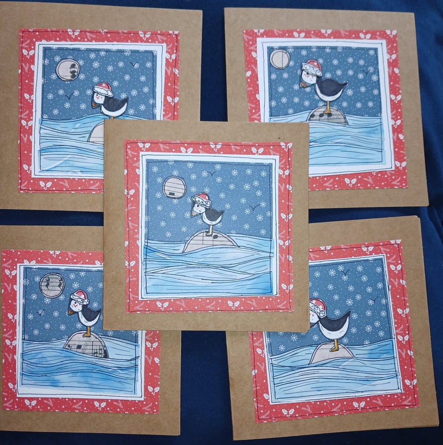 Quirky cute, puffin illustrated, seaside, set of 5 christmas cards