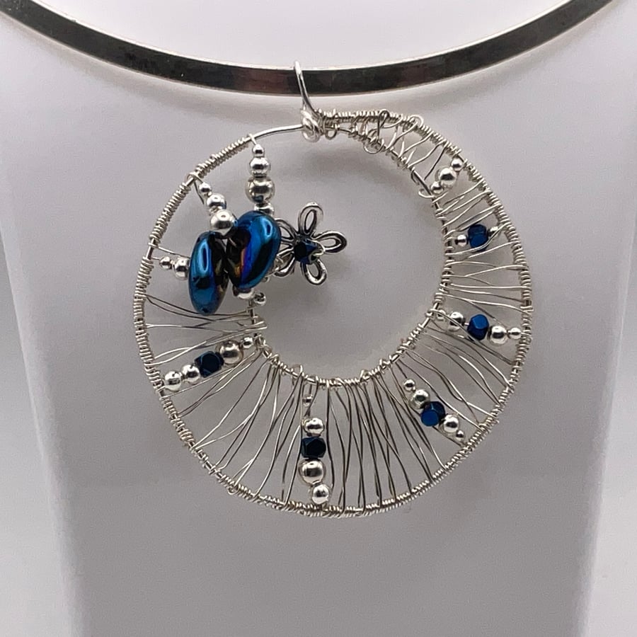 Summer night silver spiral art midnight blue hematite beaded pendant