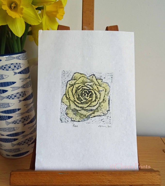 Yellow Rose Art Original Print Collagraph Printmaking Floral