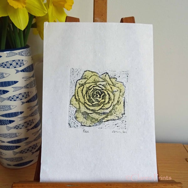 Yellow Rose Art Original Print Collagraph Printmaking Floral