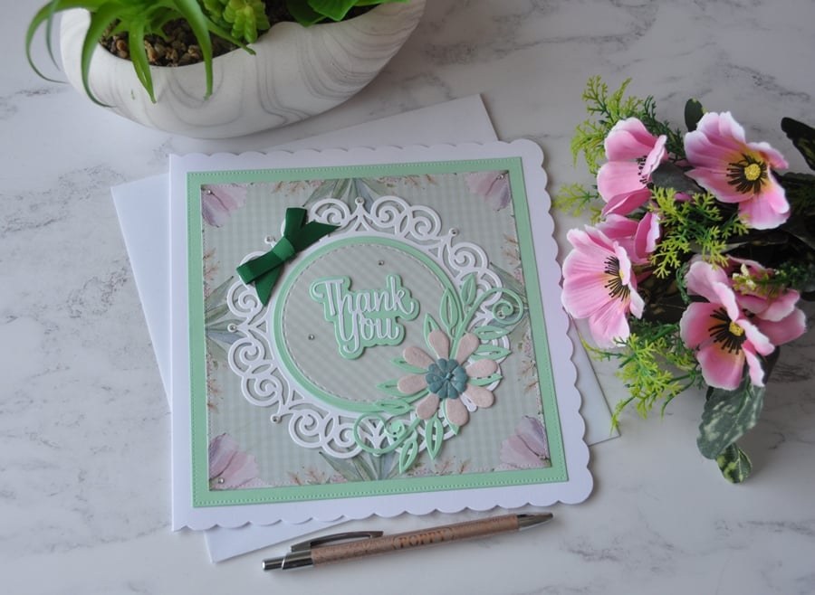 Thank You Card Pink and Green Flower 3D Luxury Handmade Card