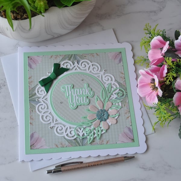 Thank You Card Pink and Green Flower 3D Luxury Handmade Card