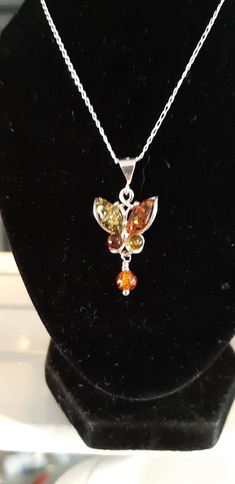 Tricolour Amber and Sterling Silver Butterfly Necklace