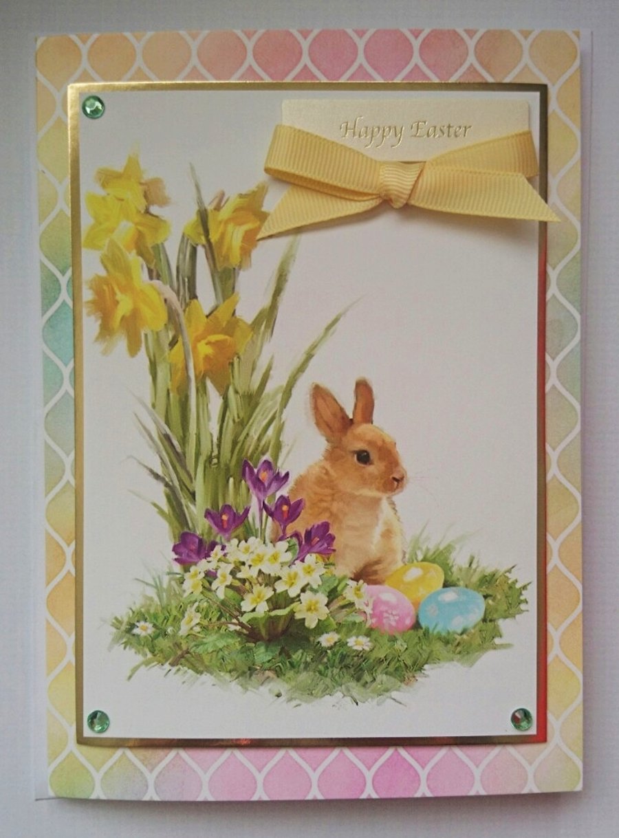 Happy Easter Card Bunny Rabbit Daffodils and Eggs 3D Luxury Handmade Card