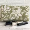 Pheasant make up bag, cosmetic bag in sage green and white