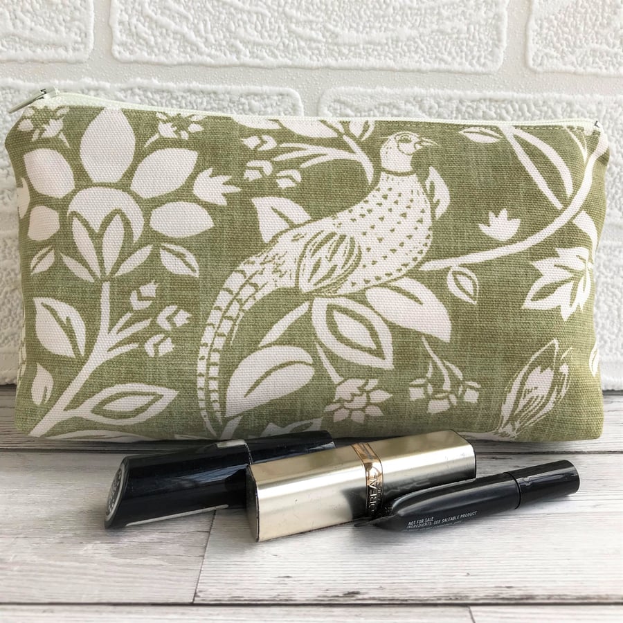 Pheasant make up bag, cosmetic bag in sage green and white