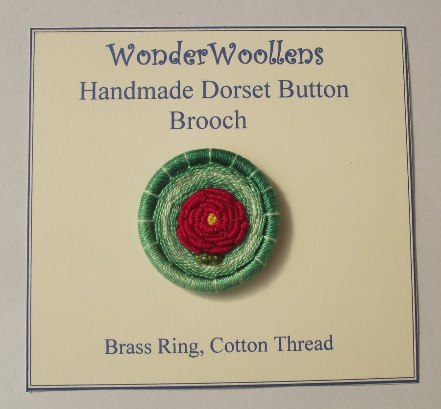 Red Rose Dorset Button Brooch or Pin, 3.5cm, Red Flower, Made with Cotton 