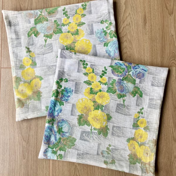 Two 45cm square cushion covers newly hand-made with vintage fabric