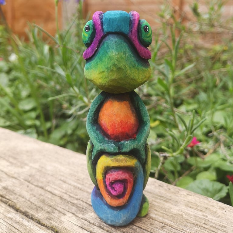 Hand carved, painted and finished wooden Calvin the Chameleon