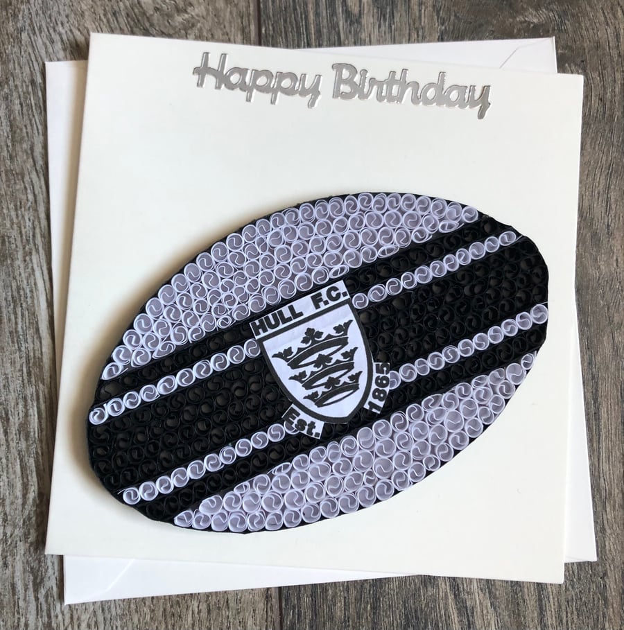 Handmade quilled rugby club card