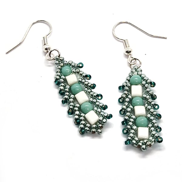 Turquoise and white cube and pearl bead beadwork earrings