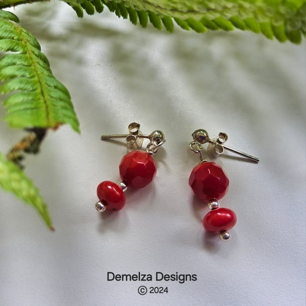 Dainty  Eco Red Bamboo Coral Stud Sterling Silver Earrings