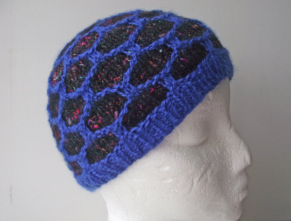 Handspun Knitted Hat, Cap, Beanie or Toque, Royal Blue, Black Merino Wool, Silk