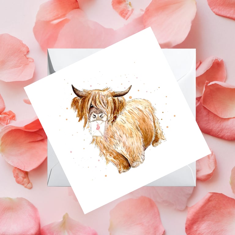 Watercolour Highland Cow Love Card – Wildlife Greeting Card